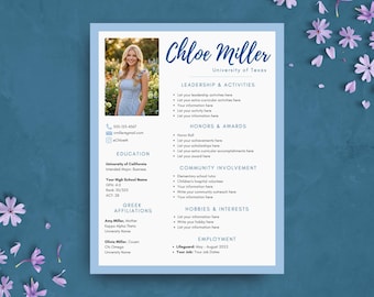 Blue Sorority Resume Template with Photo | Rush Resume Template | College Social Resume (Edit in Canva)