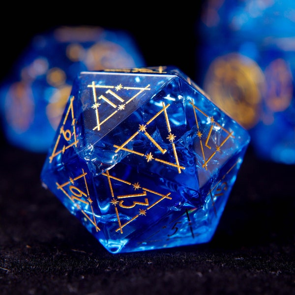 Blue DND Dice Set, Glass Sharp Edge D&D Dice Set, Dungeons and Dragons Polyhedral RPG Gemstone Dice Set