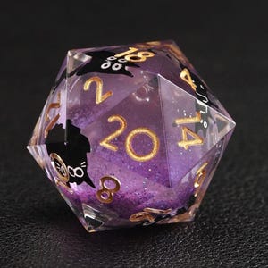 Purple Swirl Liquid Core Dice with Black Cat - Sharp Edge Resin Dice Set for D&D RPG Games | Handmade Collector&#39;s Gift
