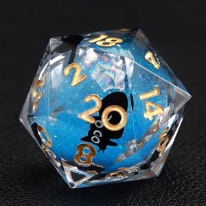 Blue Swirl Liquid Core Dice with Black Cat - Sharp Edge Resin Dice Set for D&D RPG Games | Handmade Collector&#39;s Gift
