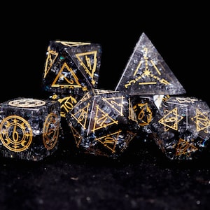Black Sparkle DND Dice Set for Birthday Gift, Black Glass Sharp Edge D&D Dice Set, Dungeons and Dragons Polyhedral RPG Gemstone Dice Set