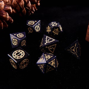 Engraved Dark Blue DND Dice Set – Handmade Carving Sandstone Gemstone for Dungeons & Dragons, RPG MTG Game Gift for Birthday