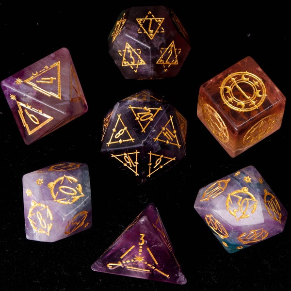 Coloured Fluorite DND Dice Set, Natural Fluorspar Sharp Edge D&D Dice Set, Dungeons and Dragons Polyhedral RPG Gemstone Dice Set