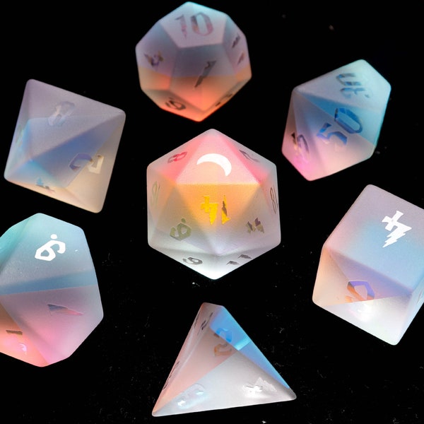 Stained DND Dice Set, Rainbow Glass Sharp Edge D&D Dice Set, Dungeons and Dragons Polyhedral RPG Gemstone Dice Set