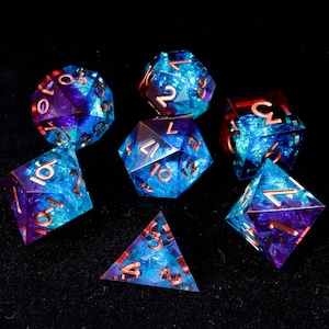 Purple Lightning DND Dice Set, Blue Purple Sharp Edge D&D Dice Set, Dungeons and Dragons Polyhedral RPG D20, D6 Dice
