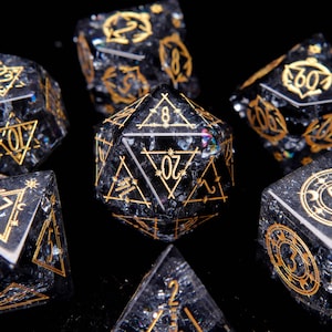 Black Sparkle DND Dice Set, Matt Black Glass Sharp Edge D&D Dice Set, Dungeons and Dragons Polyhedral RPG Gemstone Dice Set