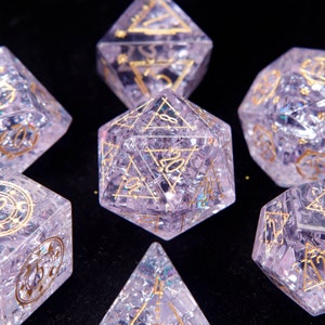 Light Purple DND Dice Set, Glass Sharp Edge D&D Dice Set, Dungeons and Dragons Polyhedral RPG Gemstone Dice Set