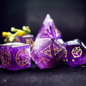 Purple Crystal DND Dice Set – Handmade Engraved/Carving Amethyst for Dungeons & Dragons, RPG, MTG Game Gift for Birthday