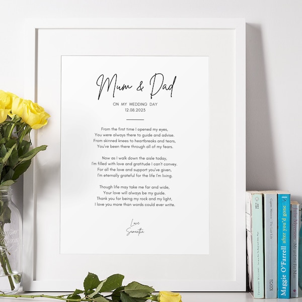 To Mum & Dad On My Wedding Day Poem. Ungerahmter Poem Print als Dankeschön Geschenk für Eltern der Braut oder des Bräutigams - Eltern Hochzeitsgedicht.