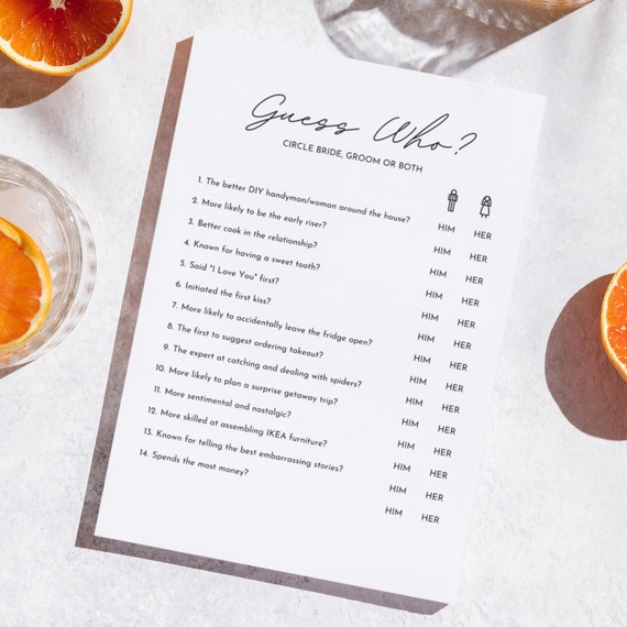 Guess Who? Bride vs Groom Bridal Shower Game - Fun Wedding Trivia| Hen Do Game | A5 Sheets | Minimalistic Black & White
