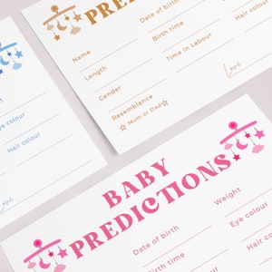 Babyshowers (A6-kaarten), neutraal babyshowerspel, voorspellingskaarten, babyshowerspel, bruine, roze en blauwe kleurencombinaties.