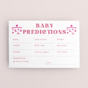 Kaart met voorspellingen voor babyshowers in neutrale bruine, roze en blauwe kleuren.