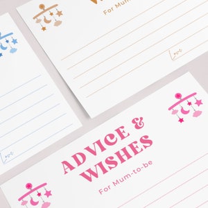 Tarjetas de consejos de recuerdo de baby shower, tarjetas A6. Juego de baby shower de Consejos y deseos en combinaciones de colores neutros marrón, rosa y azul.