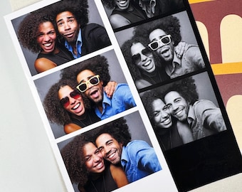 May include: Black and white photo booth strips featuring a smiling couple in various poses. The couple is wearing sunglasses in some of the photos. The photo strips are on a white surface.