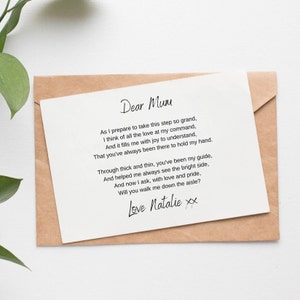 Will You Walk Me Down the Aisle Poem for Mum or Loved Ones, A6 Postcard, Give me away proposal card, Wedding card. Customisable.