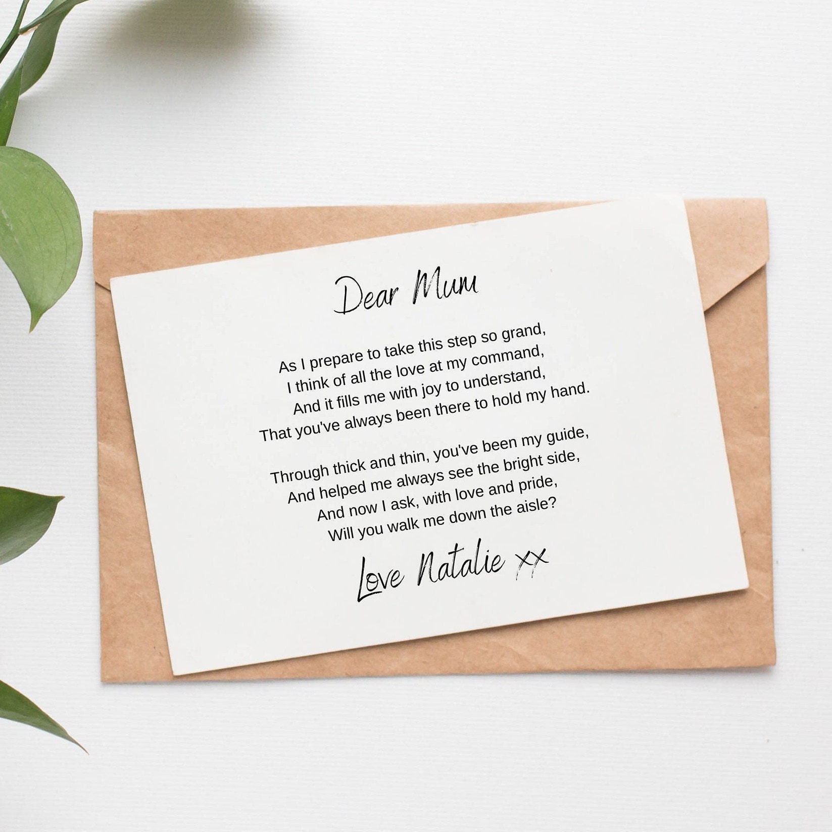 Will You Walk Me Down the Aisle Poem for Mum or Loved Ones A6 