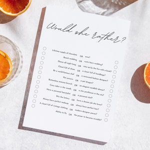 Would She Rather?  Bridal Shower Game | Who Knows the Bride Best? Hen Do Games | A5 sheets | Minimalistic Black & White