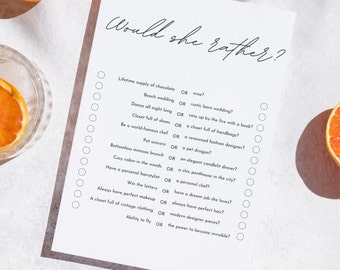 Would She Rather?  Bridal Shower Game | Who Knows the Bride Best? Hen Do Games | A5 sheets | Minimalistic Black & White