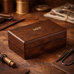 May include: A dark brown wooden box with a rectangular shape and a hinged lid. The initials "MRW" are engraved in gold on the top. The box is sitting on a wooden surface, with other objects in the background.