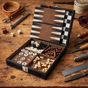 Puede incluir: Un juego de mesa de cuero negro con piezas de backgammon, ajedrez y damas. El juego está abierto, revelando los tableros y compartimentos llenos de piezas. Dados y herramientas están esparcidos sobre una superficie de madera.