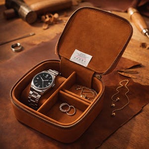 Puede incluir: Estuche de viaje de cuero marrón abierto, con un reloj plateado, anillos y collares. El estuche está dividido en compartimentos y tiene cierre de cremallera. El reloj tiene una esfera negra y una correa plateada. Las joyas son doradas.