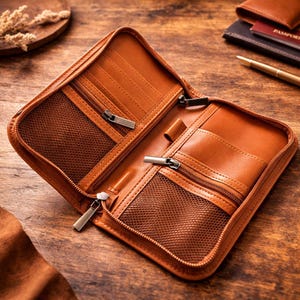 May include: Open, brown leather travel organizer with multiple zippered compartments and mesh pockets. The organizer is designed to hold various items, including cards and documents. The zippers and hardware are silver-toned.
