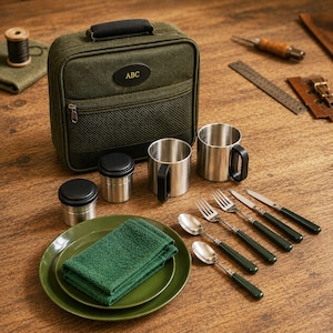 May include: An olive green canvas carrying case with an ABC label, two stainless steel mugs with black handles, two small lidded canisters, two green plates with a folded green cloth, and a set of stainless steel cutlery with green handles.