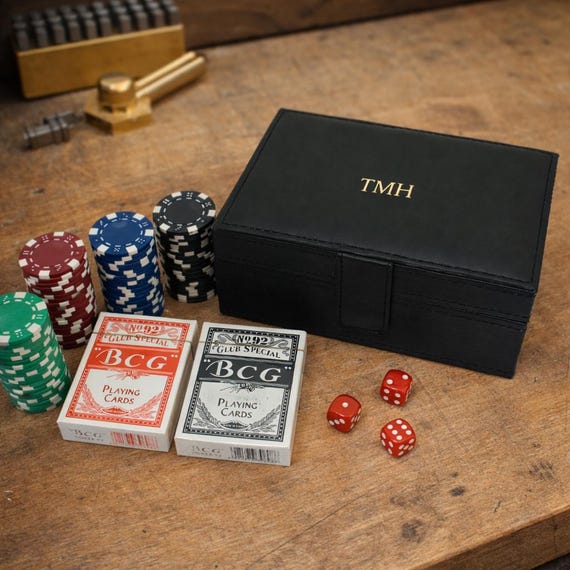 Personalised Poker Set in Leather Case 80 Chips, Cards & Dice
