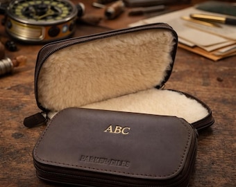 Personalised Leather Fly Fishing Wallet – Brown Zip Case | Custom Message | Fly Holder & Carrier