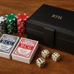 Personalized Poker Set in Leather Case: 80 Chips, Cards & Dice