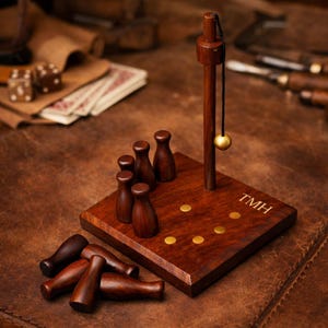 Könnte beinhalten: Ein Tischspiel aus Holz mit dunklem Finish. Das Spiel hat eine quadratische Basis mit einem vertikalen Pfosten und einer hängenden goldfarbenen Kugel. Sechs kleine Holzstifte sind auf der Basis angeordnet, weitere Stifte liegen daneben. Die Initialen "TMH" sind auf der Basis eingraviert.