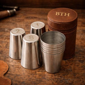 Personalisierte Edelstahl Steigbügel Cup Set - Zip Ledertasche, Shooting Geschenk