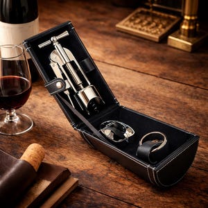 Puede incluir: Un kit de herramientas para vino de cuero negro con costuras blancas, que contiene un sacacorchos, un cortador de papel de aluminio y un tapón. El kit está abierto, revelando las herramientas contra un interior negro. Una copa de vino tinto está en el fondo.