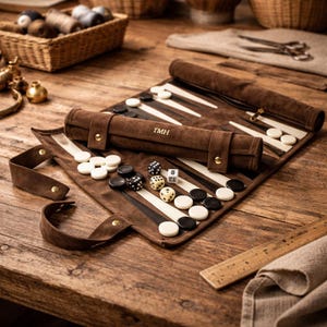 May include: A brown leather backgammon set with white and black game pieces. The set is rolled up and secured with a strap. The initials "TMH" are visible on the set. Dice and a wooden ruler are also present.
