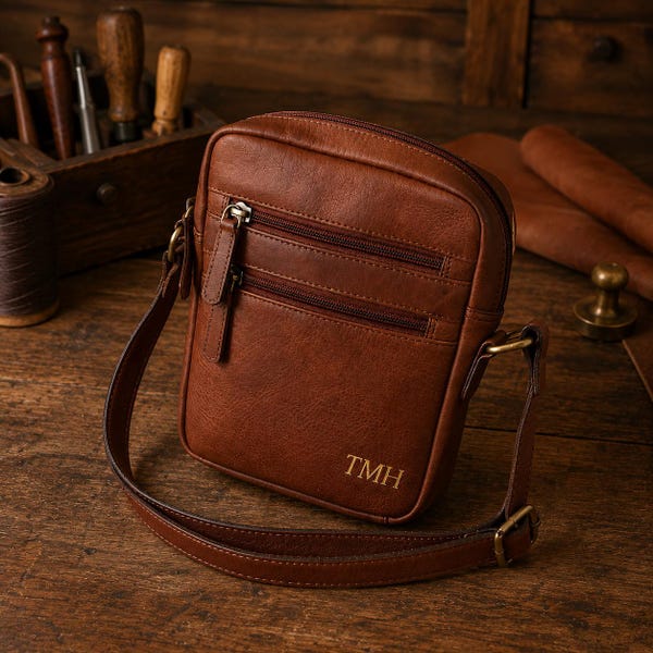 Personalised Leather Crossbody Bag | Genuine Leather Monogram Travel Everyday Bag