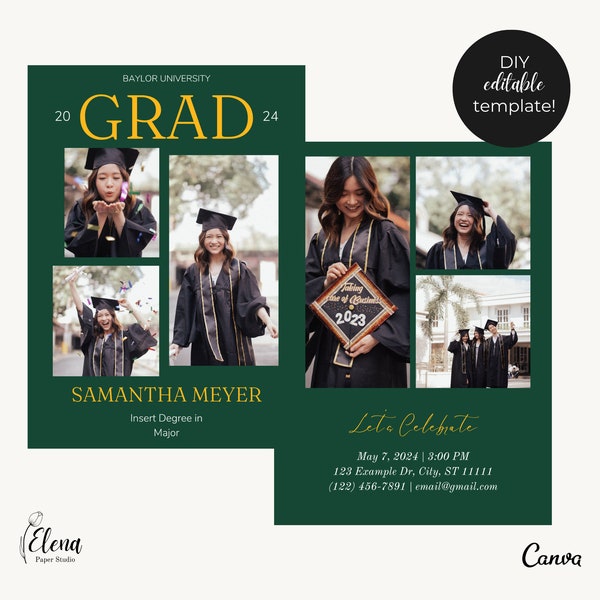 Green and Gold Baylor Graduation Announcement - Baylor University Grad Party Invitation - Fully Editable Canva Template