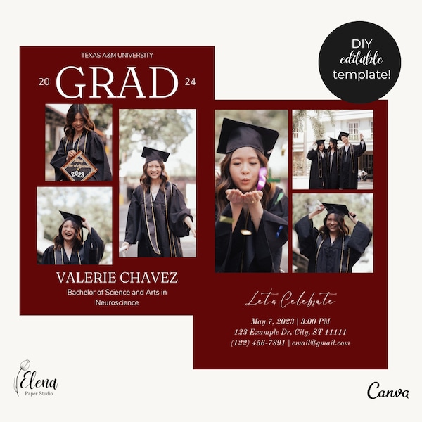 Maroon Graduation Announcement - Texas A&M Aggie Graduation Invitation - Fully Editable Canva Template - Aggie Grad Party