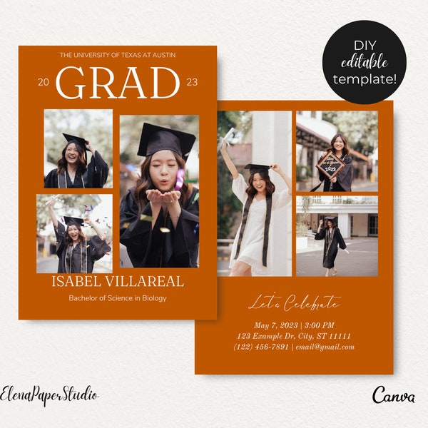 Burnt Orange Graduation Announcement - UT Austin Graduation Invitation - Fully Editable Canva Template - University of Texas Grad Party