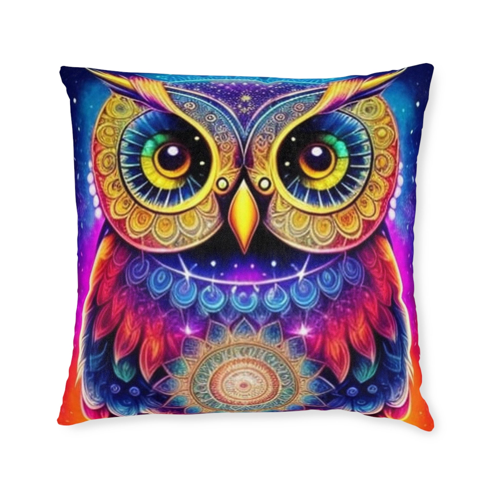 MandOwla. Square Pillow. Cushion. Bright. Mandala. Owl. Comfortable. Decoration. Colourful. Neon. An