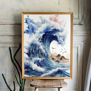 Housewarming Gift for Japanese Art Lover Wall Art Instant Painting Blue Tones Wall Decor Instant download