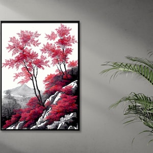 Puede incluir: Una pintura de acuarela de un paisaje de montaña con árboles rojos y un fondo blanco. Los árboles están en primer plano y la montaña está en el fondo. La pintura está enmarcada en negro.