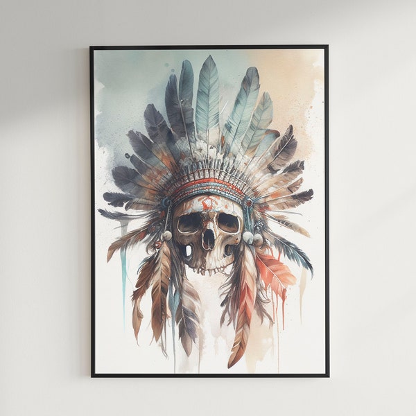 Cadeau amérindien aquarelle crâne avec tête amérindienne robe affiche instantanée mur Art décor à la maison