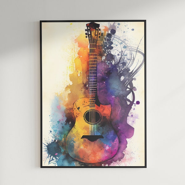 Guitar Player Gift for Music Lover Colorful Acoustic Guitar Poster Instant Wall Art Home Decor Gift