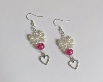 Handgemachte Sterling Silber Schleife und Herz Rosa Charm Ohrringe - Cutecore Fairycore Angelcore Dollette Schmuck