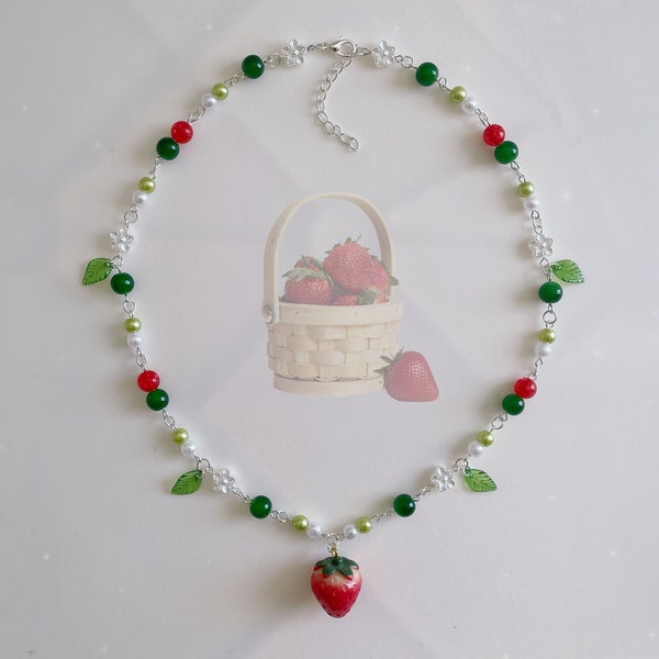 Handmade Cottagecore Strawberry Charm Necklace - green, red and white - Fairycore Jewelry