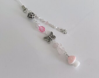 Handmade Pink Mushroom Butterfly Phone Charm - Fairycore Cottagecore Phone Accessory Jewelry