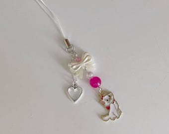 Handmade Kitten Phone Charm - pink, white - Keychain Phone Accessory Cutecore Cottagecore