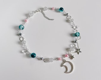 Handmade Moon and Stars Choker Necklace -  Cutecore Fairycore Angelcore Celestial Charm Jewelry Jewellery