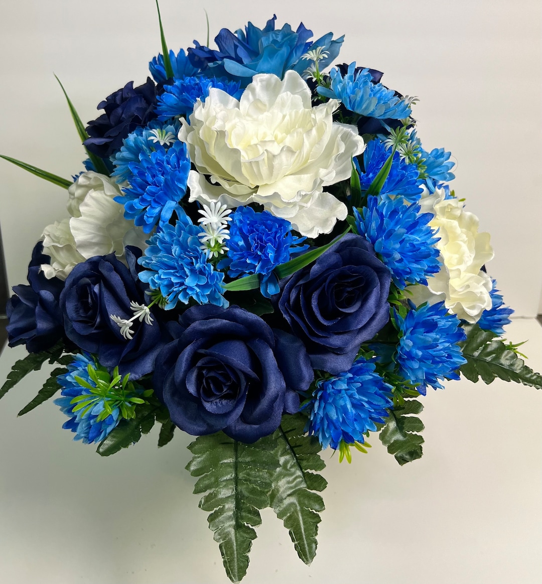 Blue and White Artificial Flower Mix Roses, Mums, Peonies Cemetery