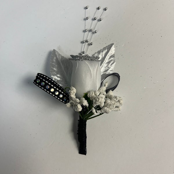 Black and Silver Boutonnière, Prom Boutonnière, Wedding Buttonhole